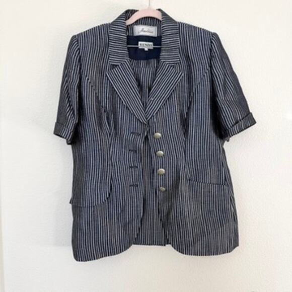 RENZO Linen Pinstripe Skirt Suit Blue SilverTailored Preppy EU 42 US 10 12